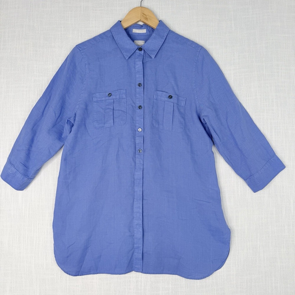 Chico's Blue Linen Button Up Shirt No Iron Sz 1 M 3/4 Sleeve Flap Pocket Tunic